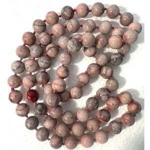 Artisan Beaded Necklace 32" Natural Zebra Jasper 10mm Pink Gray Polished Knotts